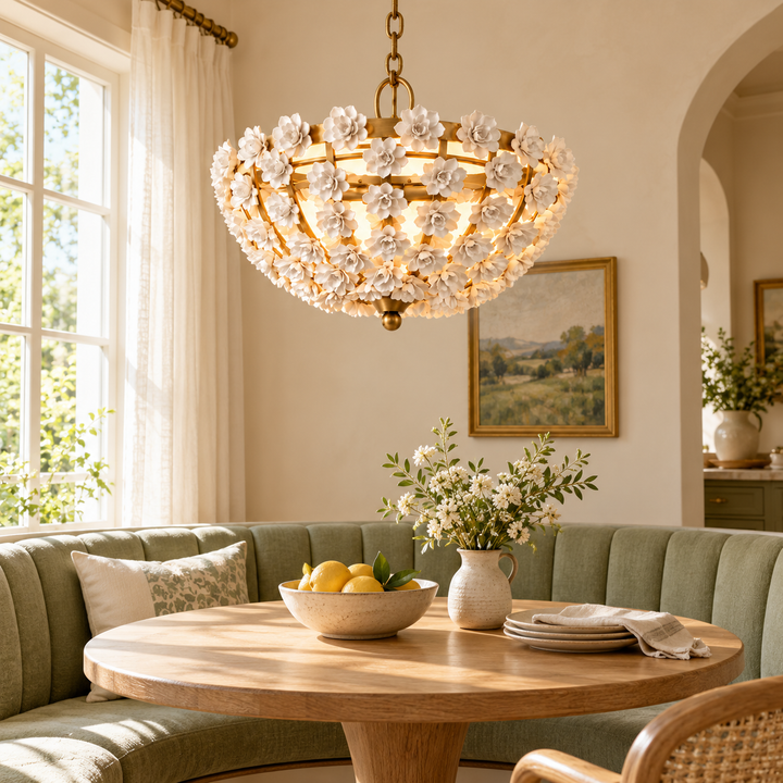 White Floral Gold-Frame Bowl Chandelier