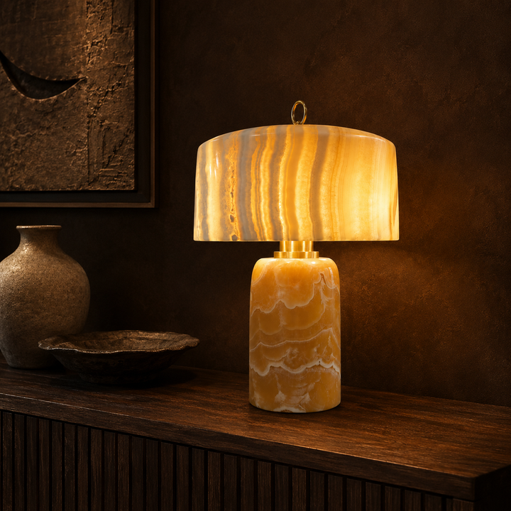 Modern Alabaster Table Lamp with Sculptural Stone Base