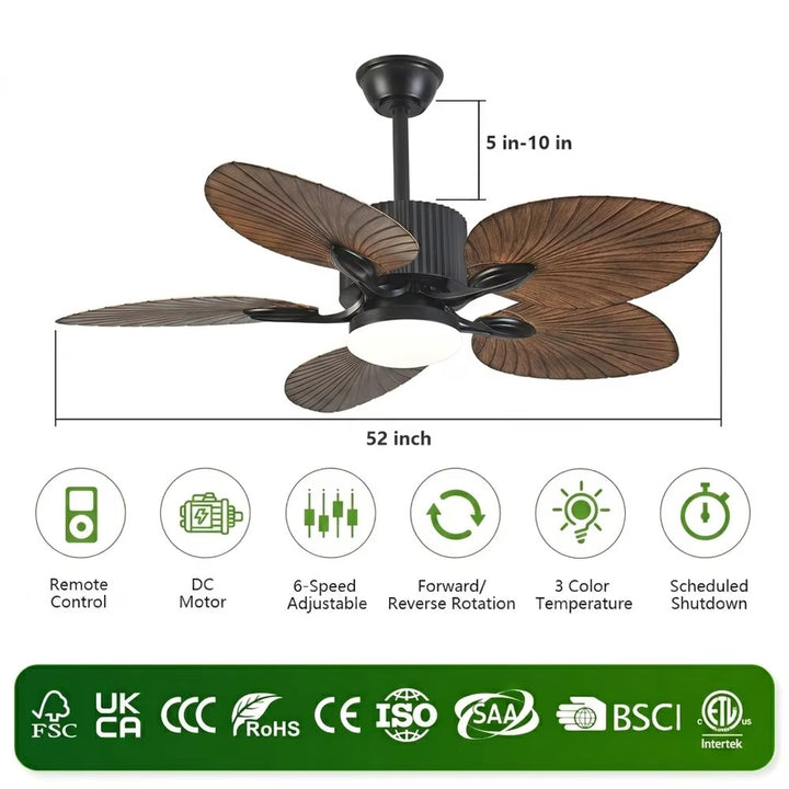 Black Ceiling Fan with Leaf-Shaped Wooden Blades and Integrated Light