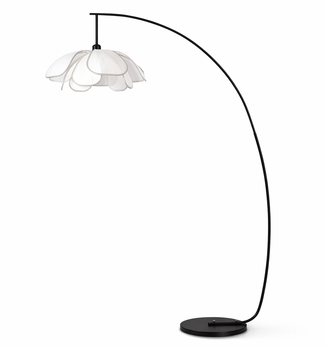 Modern arc floor lamp with flower-shaped shade providing soft ambient lighting