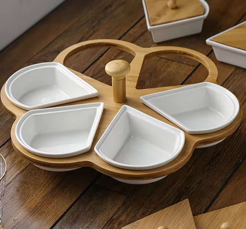 Wood & Ceramic Sectional Serving Tray