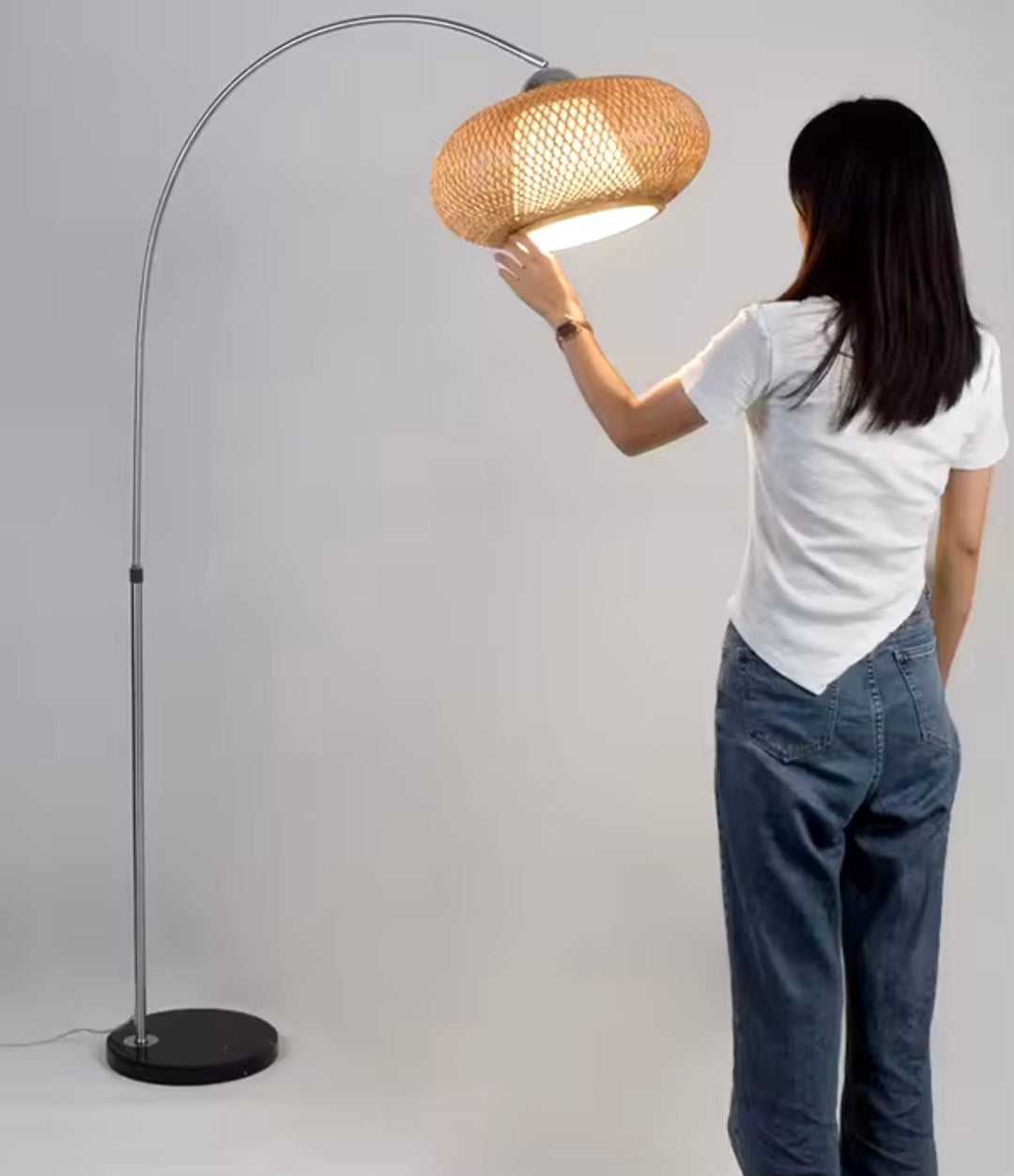 Modern Arc Floor Lamp with Woven Rattan Shade