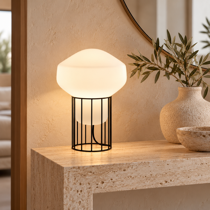 Modern White Globe Table Lamp with Black Metal Cage Base
