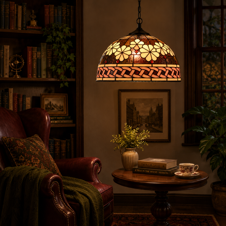 Vintage Floral Stained Glass Pendant Light