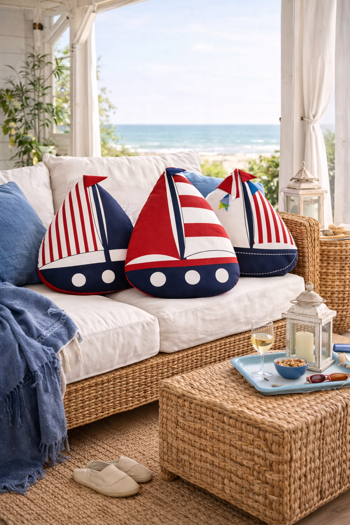 Sailboat decorative cushions for soft furnishings on a couch