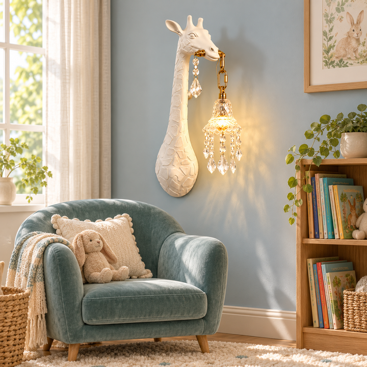 Whimsical white giraffe wall sconce with a sparkling crystal pendant in a childrenâ€™s room