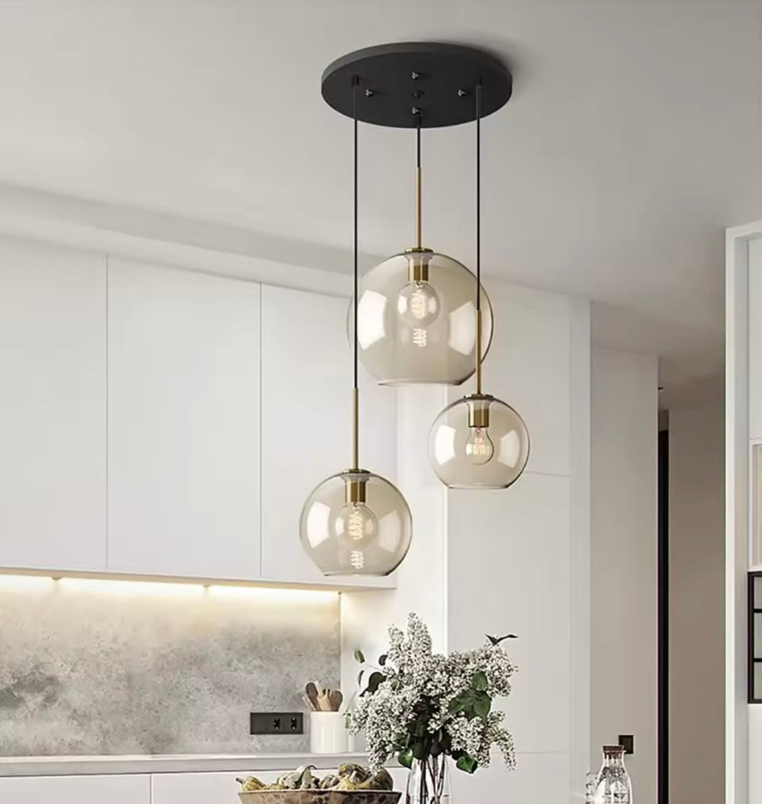 Amber Glass Globe Pendant Light Trio