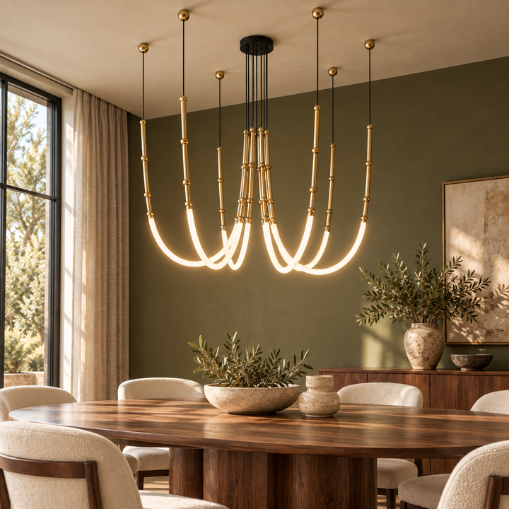 Sculptural brass-toned chandelier with multiple curved, glowing arms above a dining table