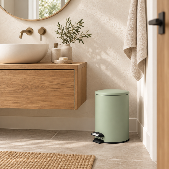 Sage Green Round Metal Pedal Bin with Soft-Close Lid (5 L)