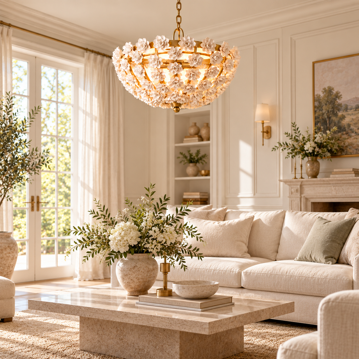 White Floral Gold-Frame Bowl Chandelier