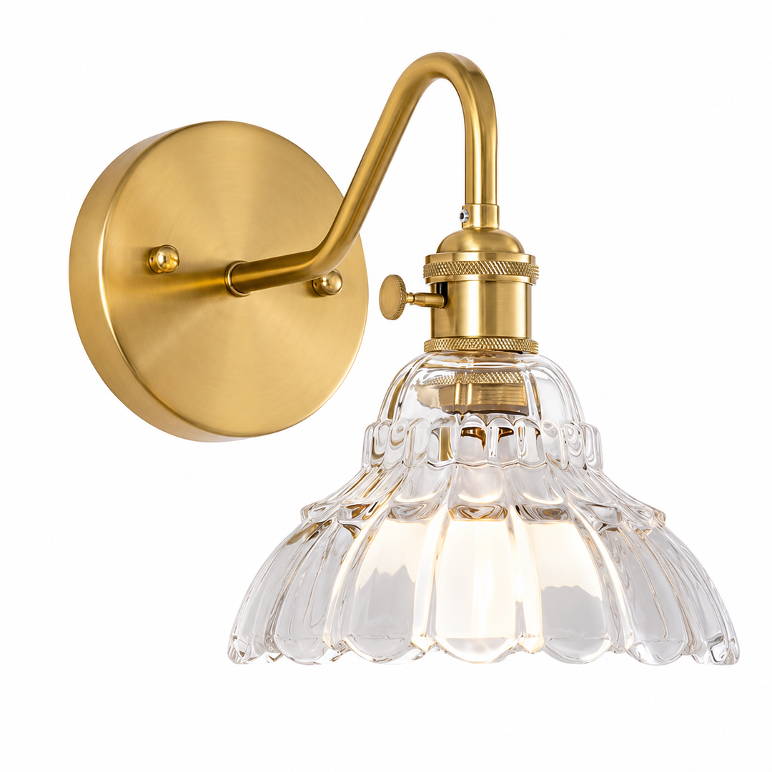 Vintage Green or Clear Ribbed Glass Wall Sconce or Pendant light with Brass Finish