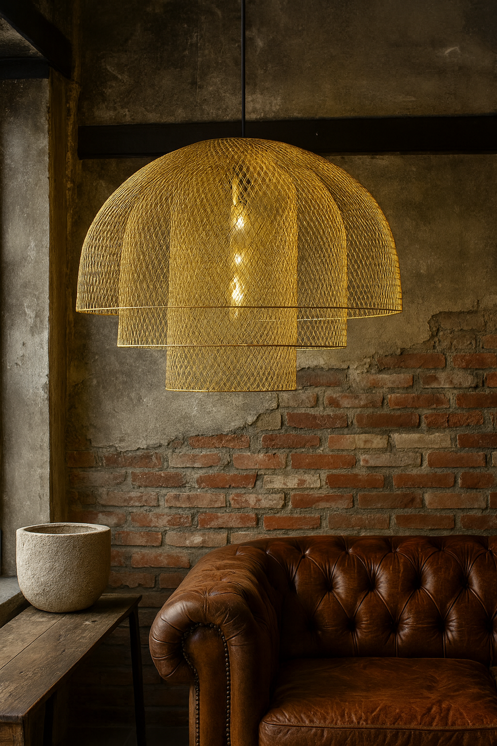 Golden mesh dome pendant light with layered design hanging above a leather sofa