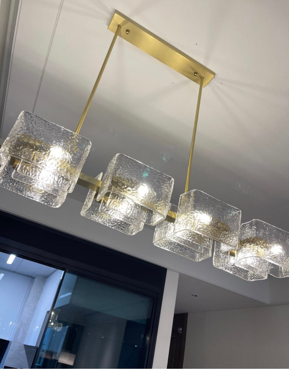 Modern Linear Chandelier with Glass Cubes and Gold Frame