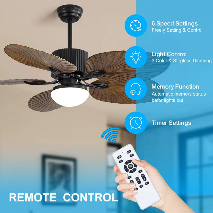 Black Ceiling Fan with Leaf-Shaped Wooden Blades and Integrated Light