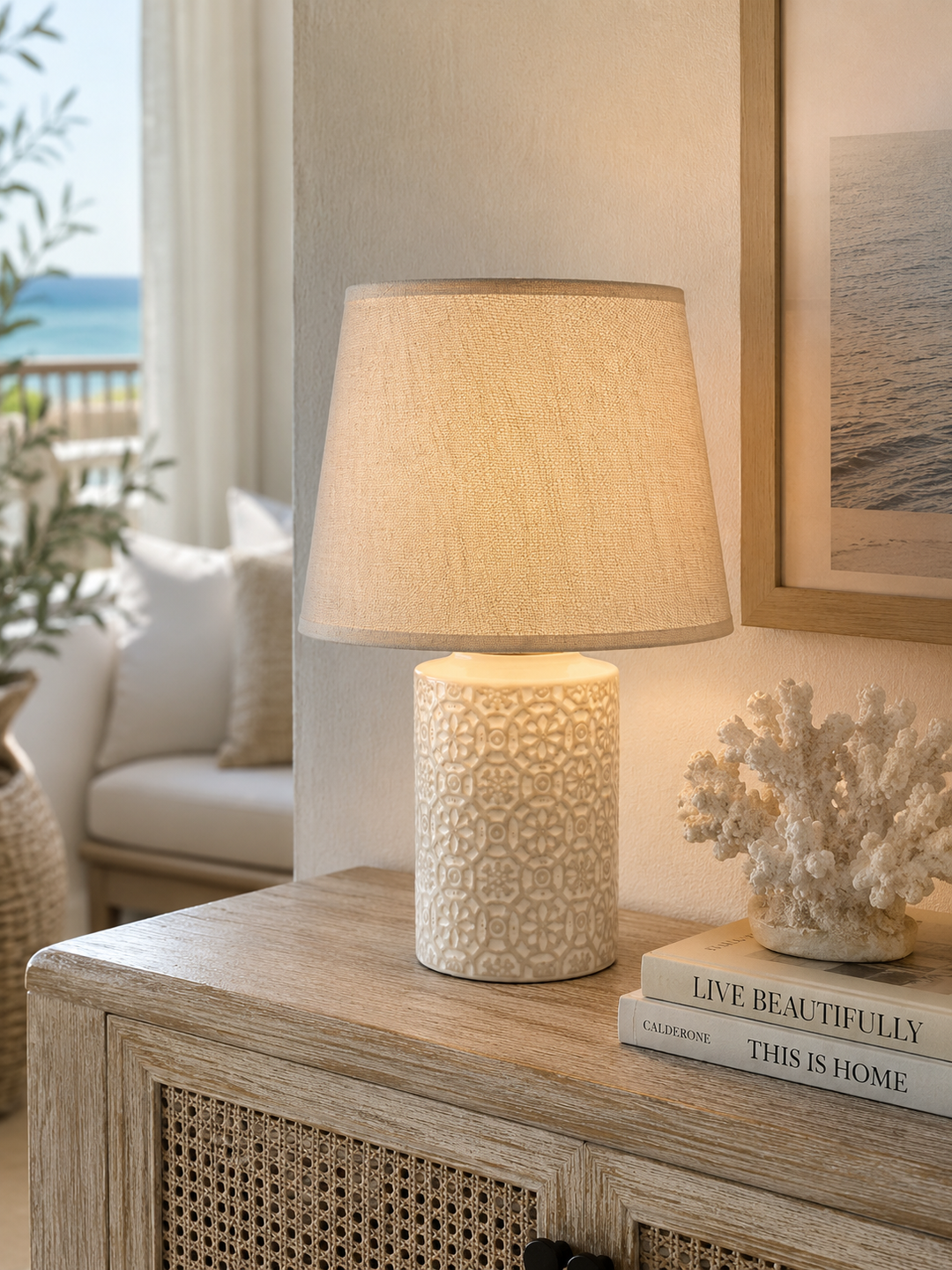 Embossed Ceramic Table Lamp with Fabric Shade