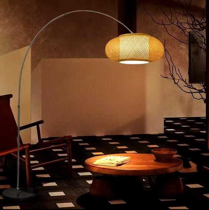 Modern Arc Floor Lamp with Woven Rattan Shade