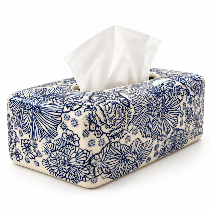 Blue and White Floral Tissue Box Cover