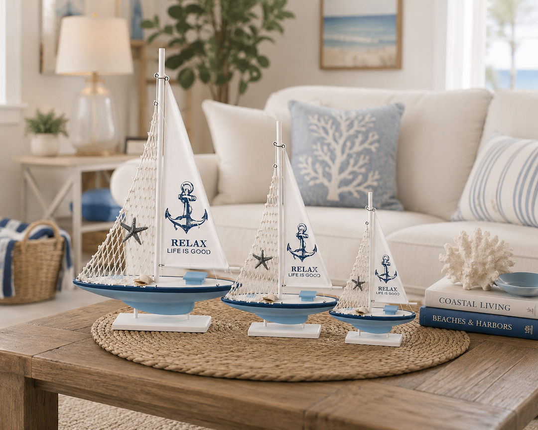 Nautical Wooden Sailboat Model Decor set of 3