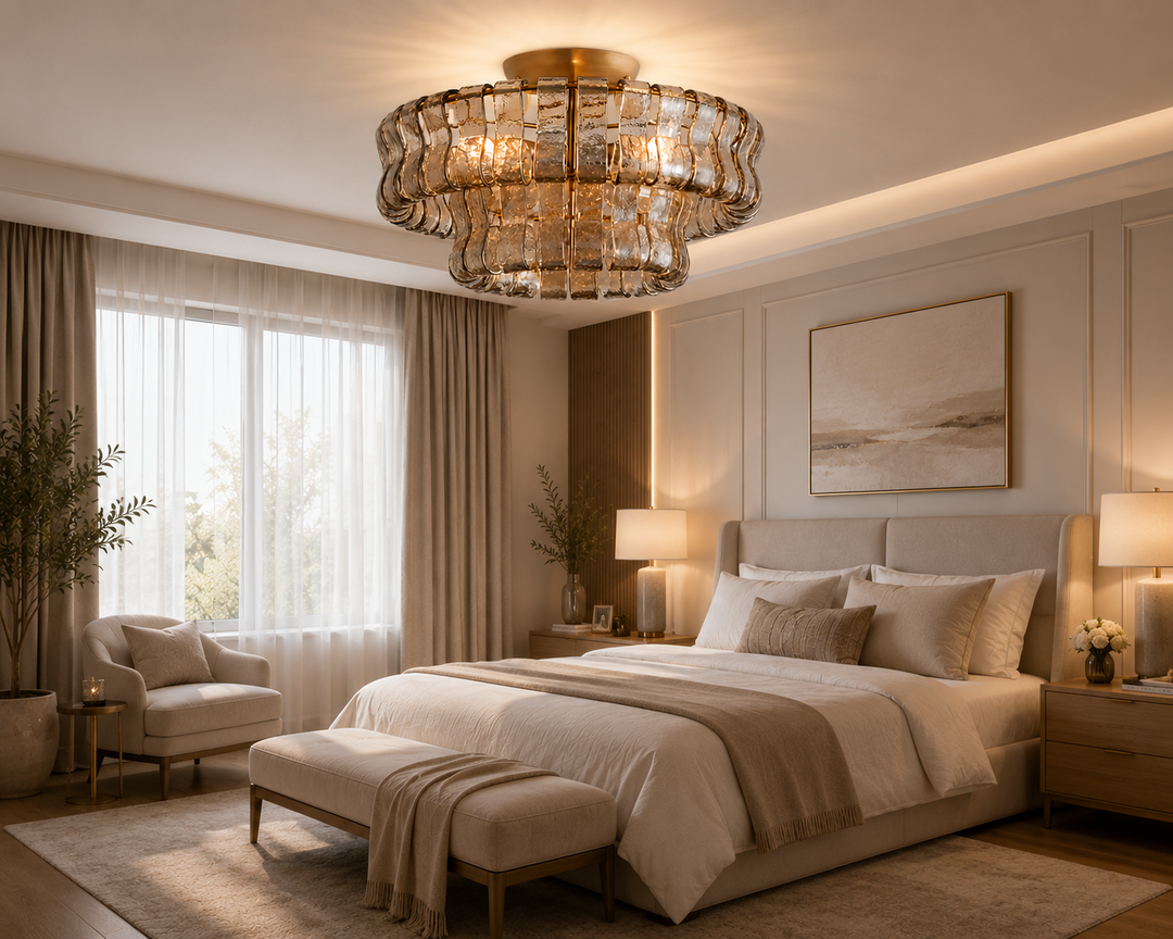 Modern Gold Flush Mount Ceiling Light with Textured Curved Glass Panels