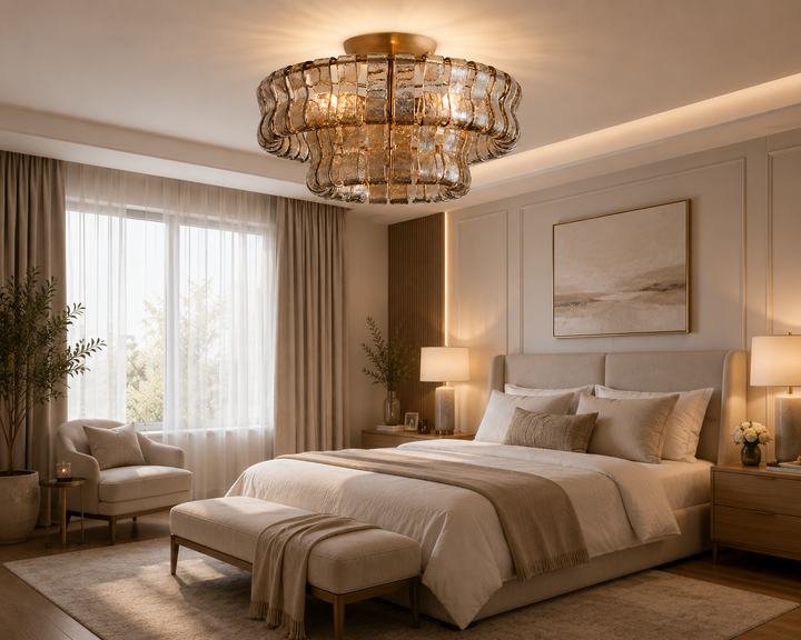 Modern Gold Flush Mount Ceiling Light with Textured Curved Glass Panels