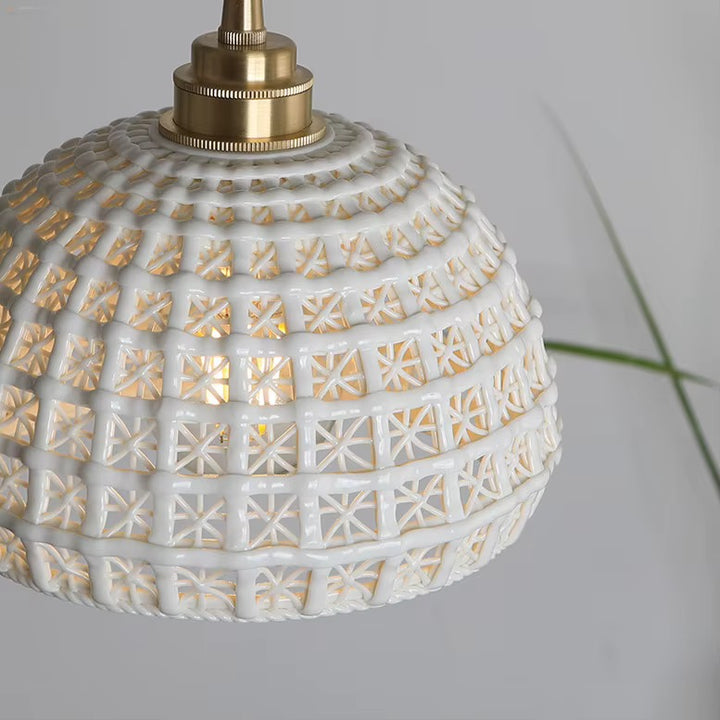 White Ceramic Textured Dome Pendant Light with Brass Detail