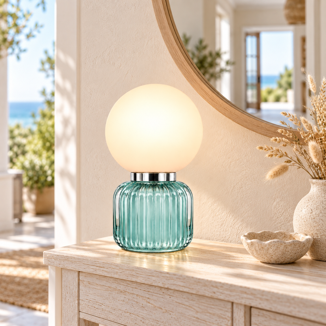 Aqua Ribbed Glass Globe Table Lamp