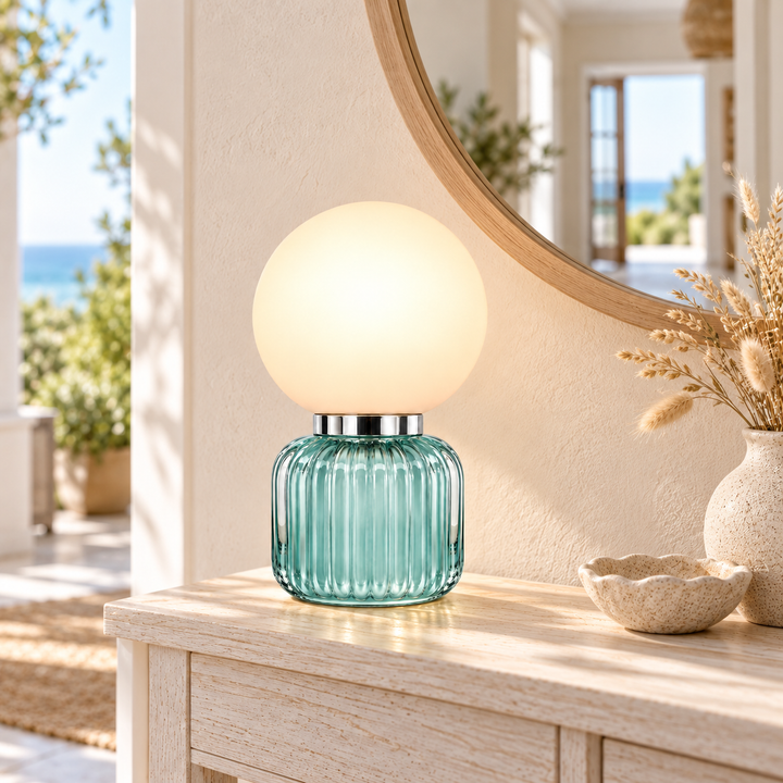 Aqua Ribbed Glass Globe Table Lamp