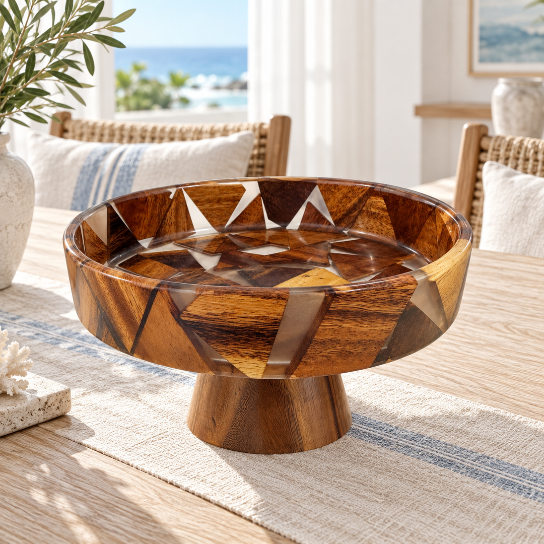 Handcrafted Footed Wood and Epoxy Resin Geometric Mosaic Serving Bowl