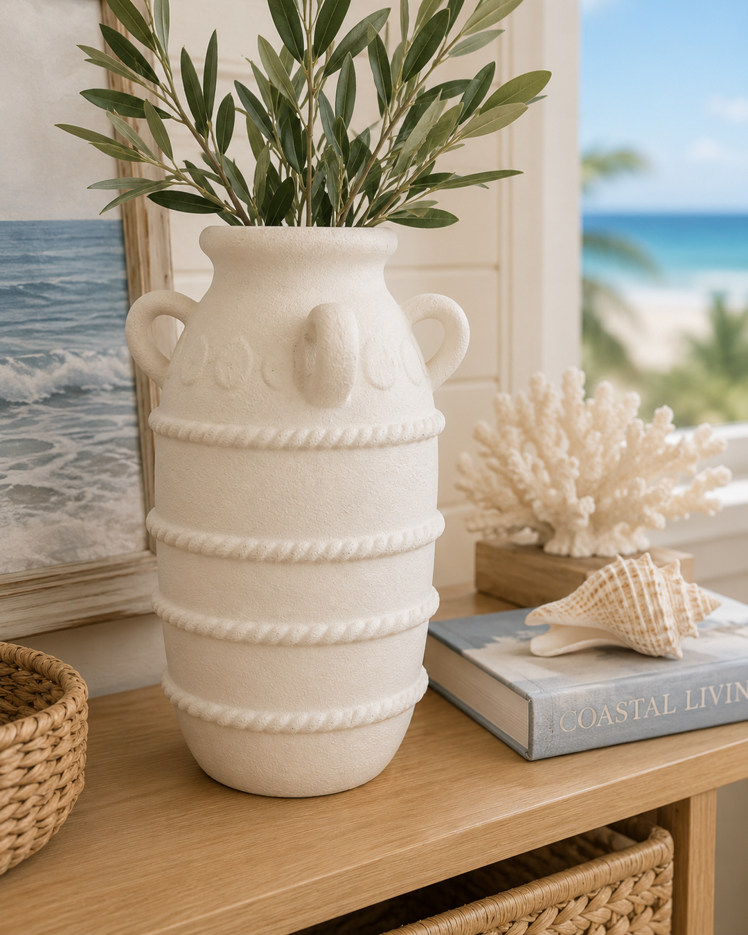Textured White Ceramic Amphora Vase with Handles