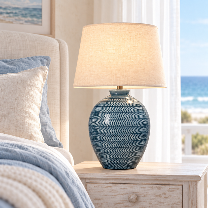 Blue Patterned Ceramic Table Lamp with Linen Shade