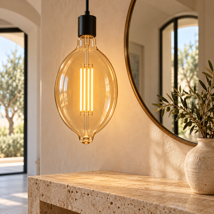 Oversized amber glass pendant light with a visible filament bulb and black socket above a stone console