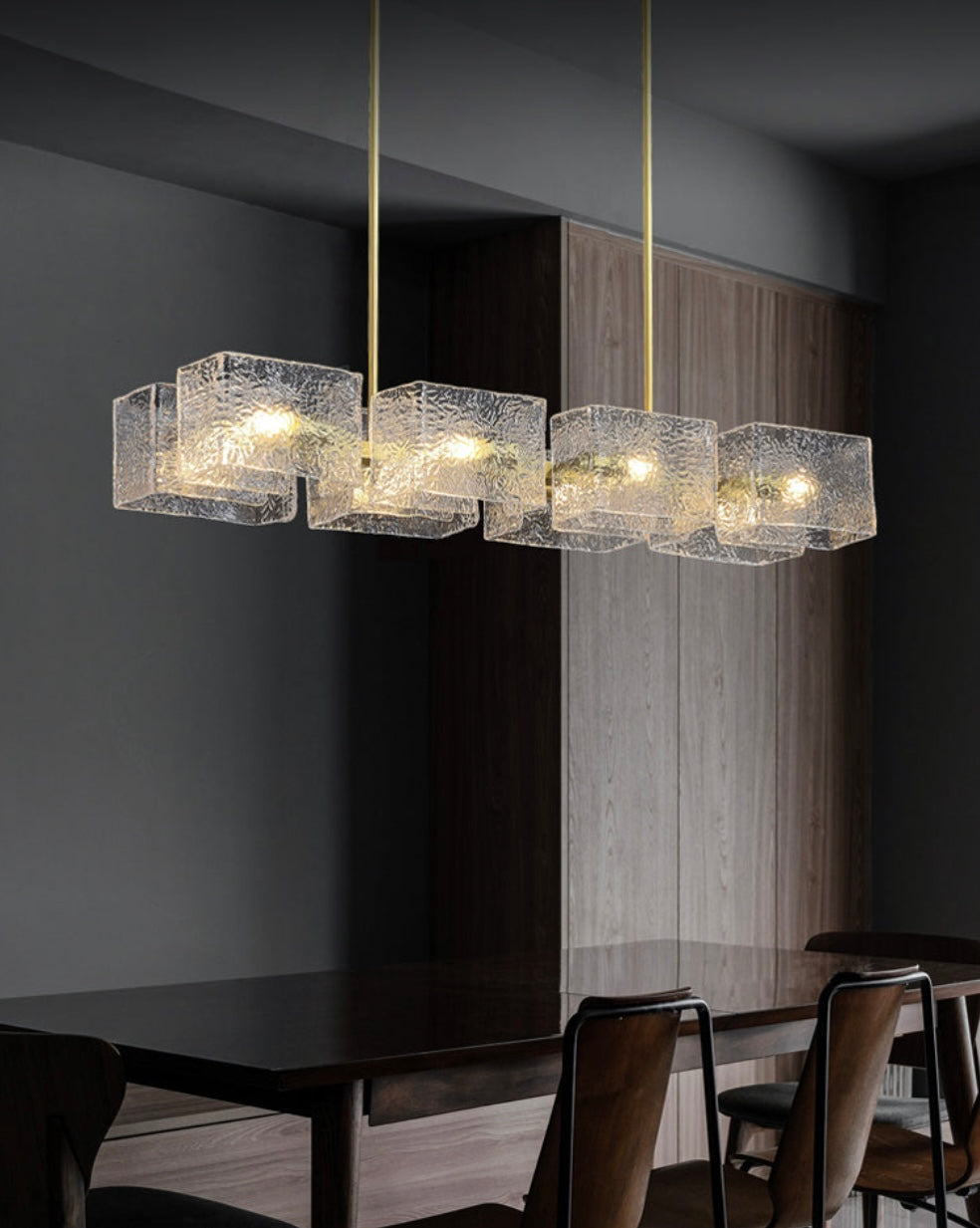 Modern Linear Chandelier with Glass Cubes and Gold Frame