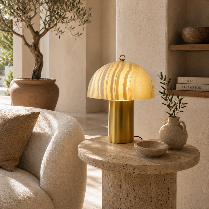 Modern Marble Glass Mushroom Table Lamp with Brass Base