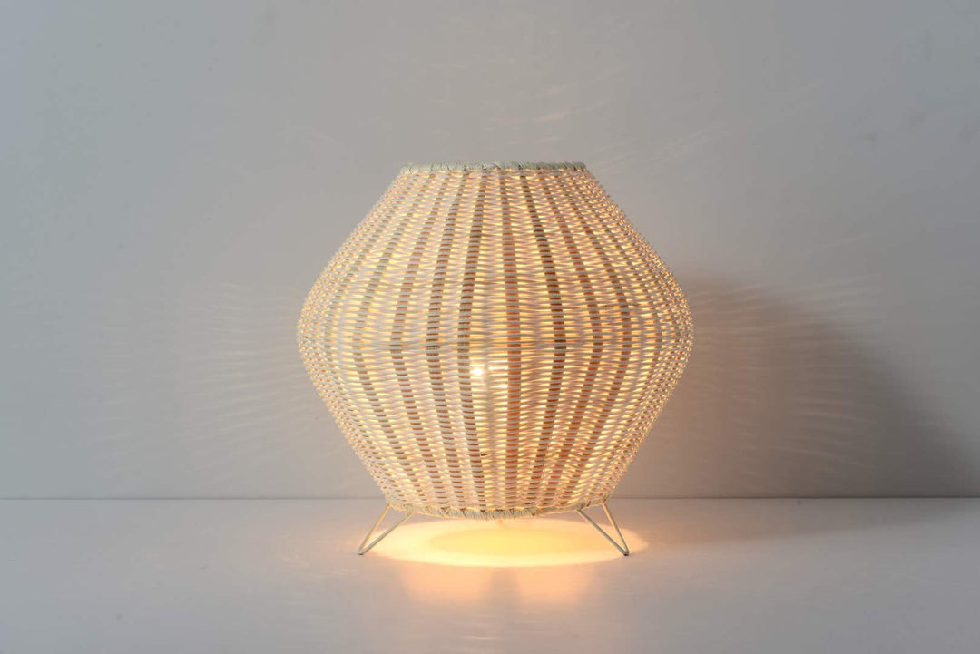 Rustic Woven bamboo Table Lamp with Ambient Light Pattern Effect