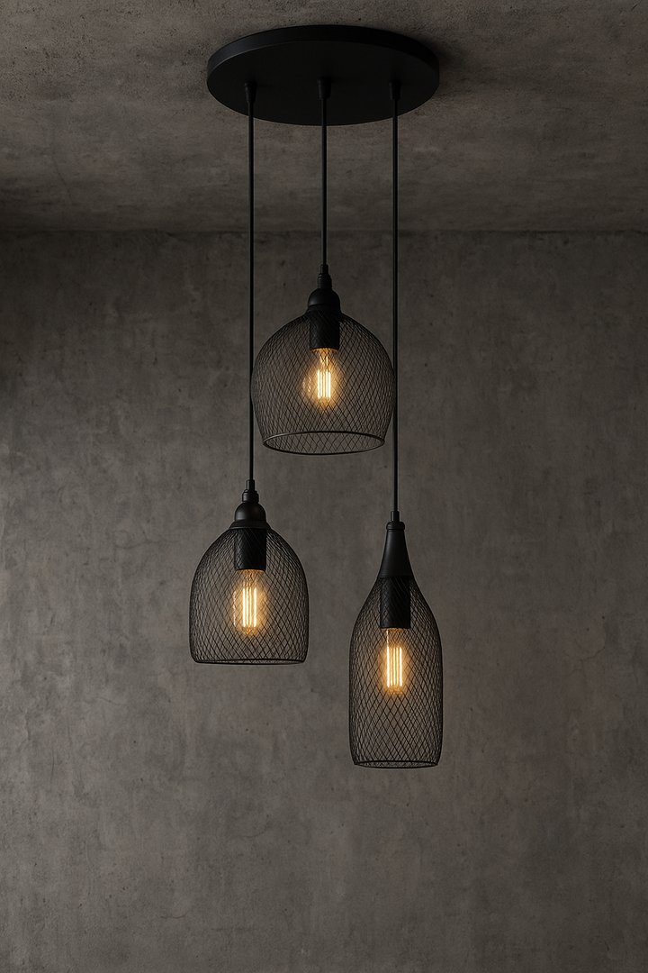 Industrial Black Mesh Pendant Light Trio