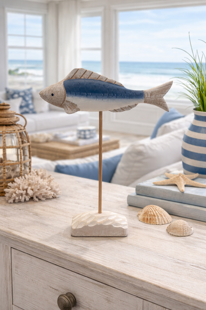 Handcrafted wooden fish sculpture on stand for coastal home décor