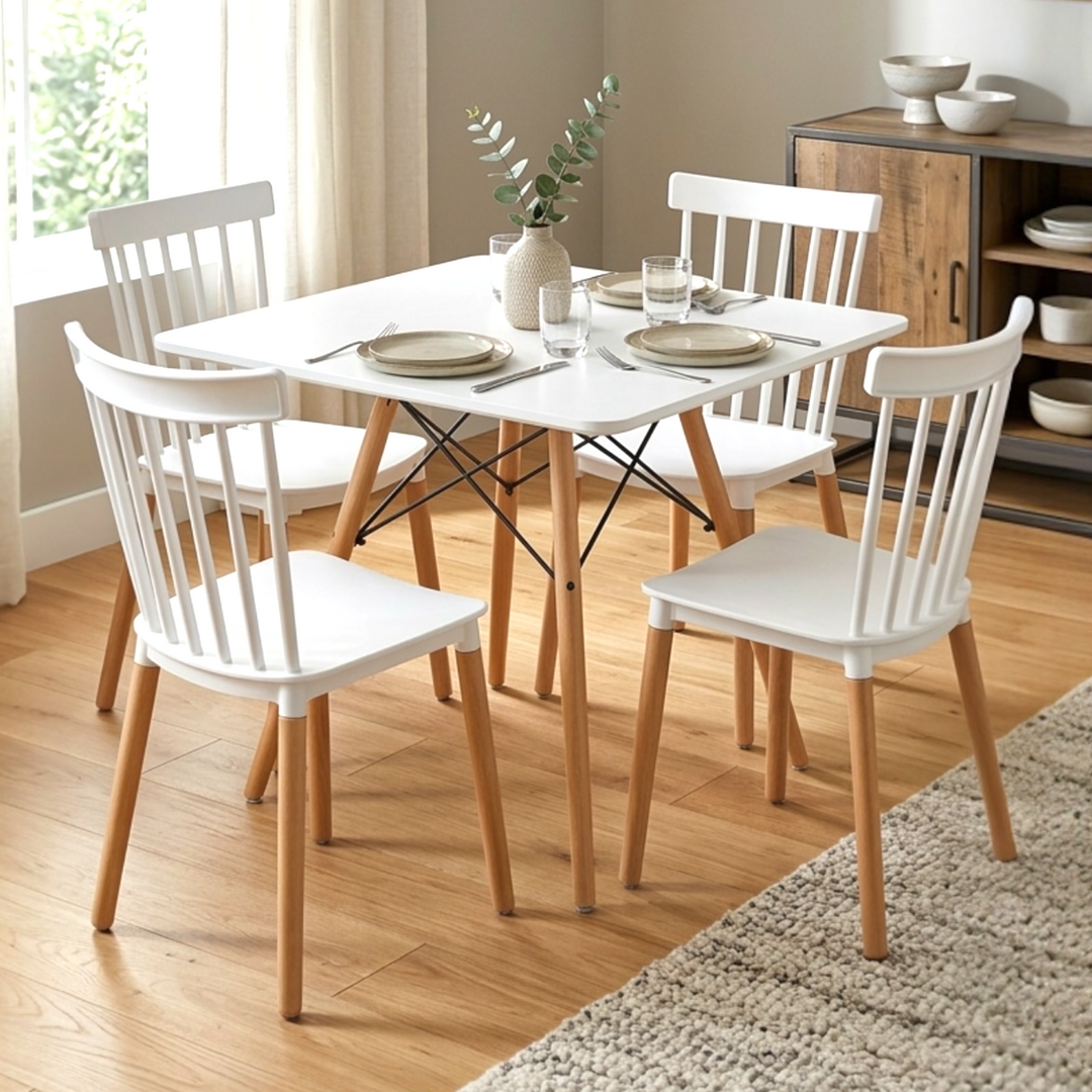 Modern dining table set with square MDF top, metal frame, and 4 spindle-back acrylic chairs with beech wood legs