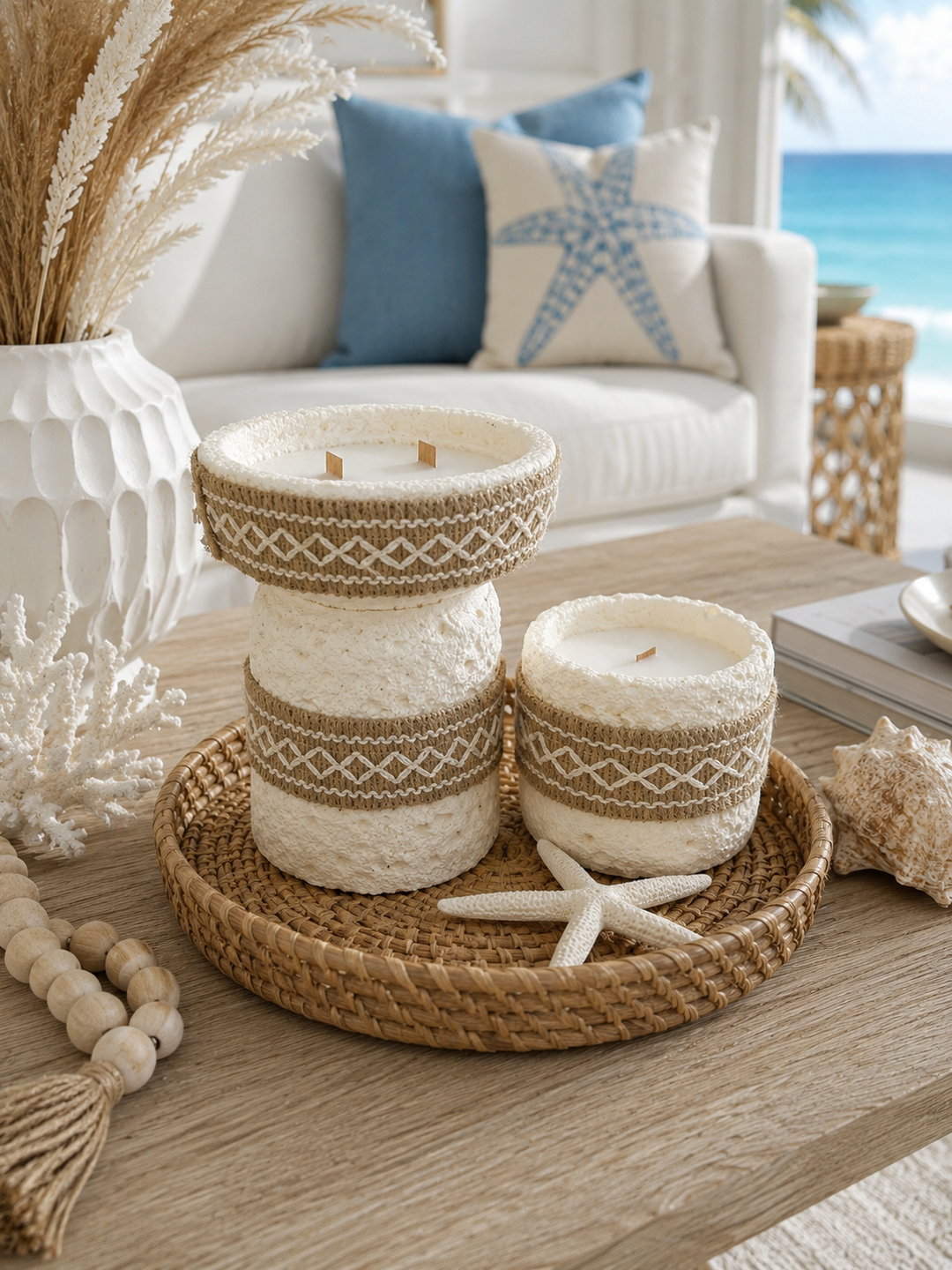 Coastal Textured Decorative Candle Set of 2