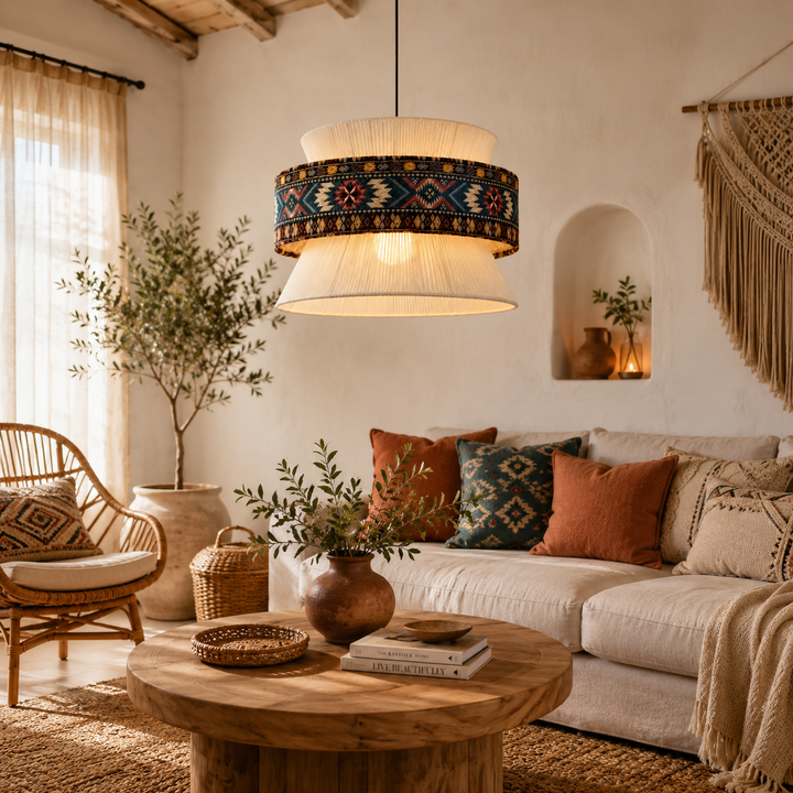 Bohemian Blue Pattern Fabric Drum Pendant Light
