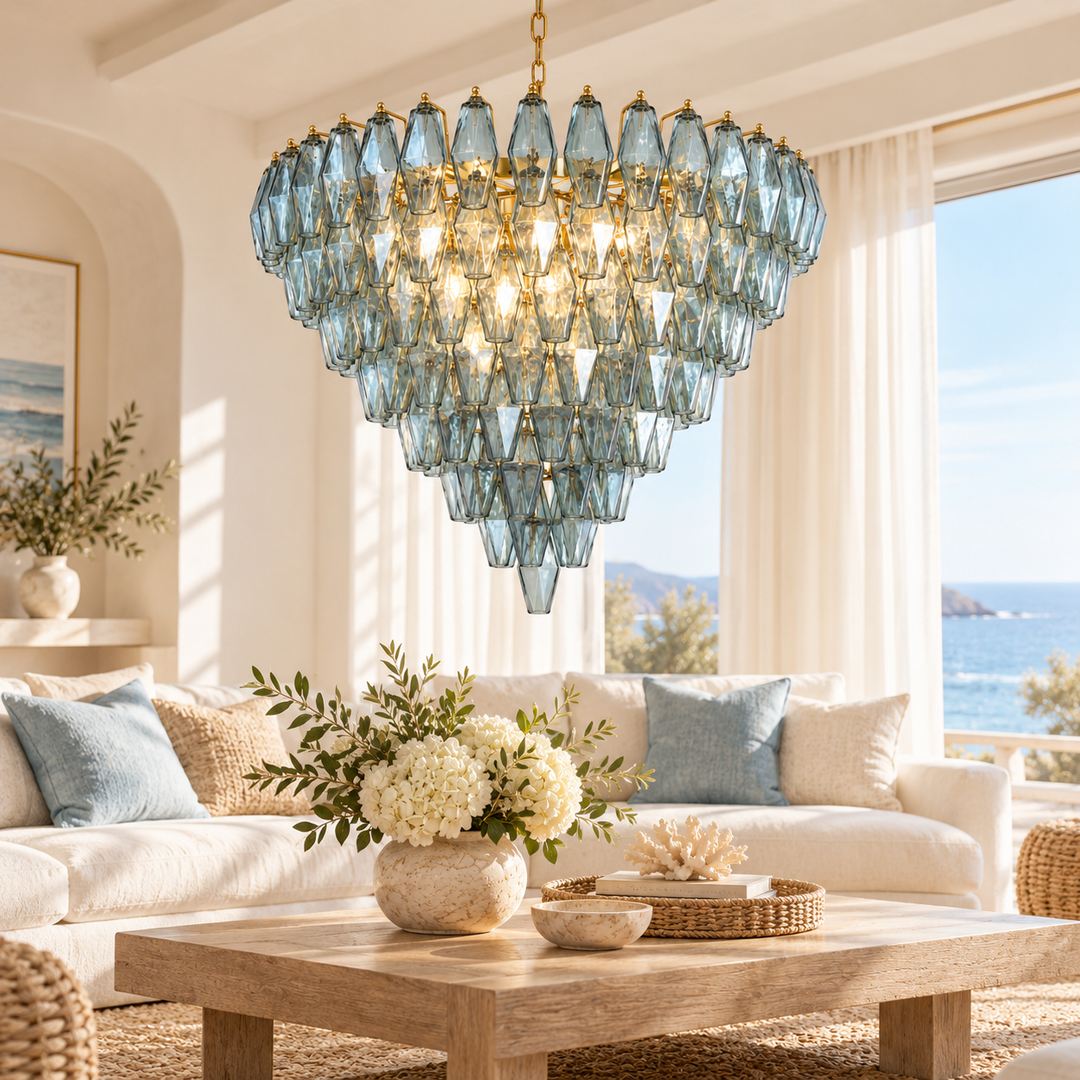 Blue Glass Crystal Chandelier with Gold Finish