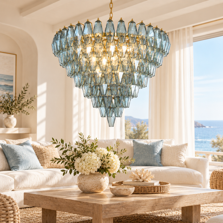 Blue Glass Crystal Chandelier with Gold Finish