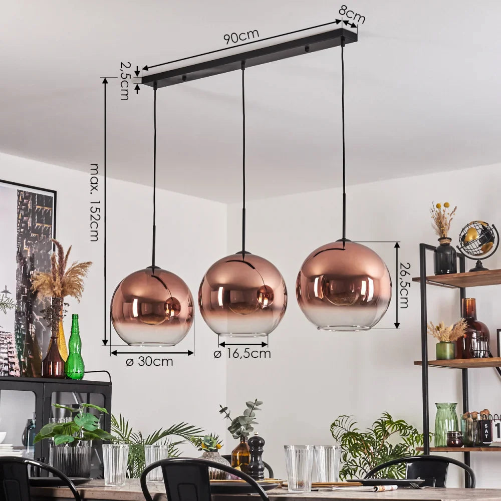 Modern Rose Gold Glass Globe Pendant Light Trio