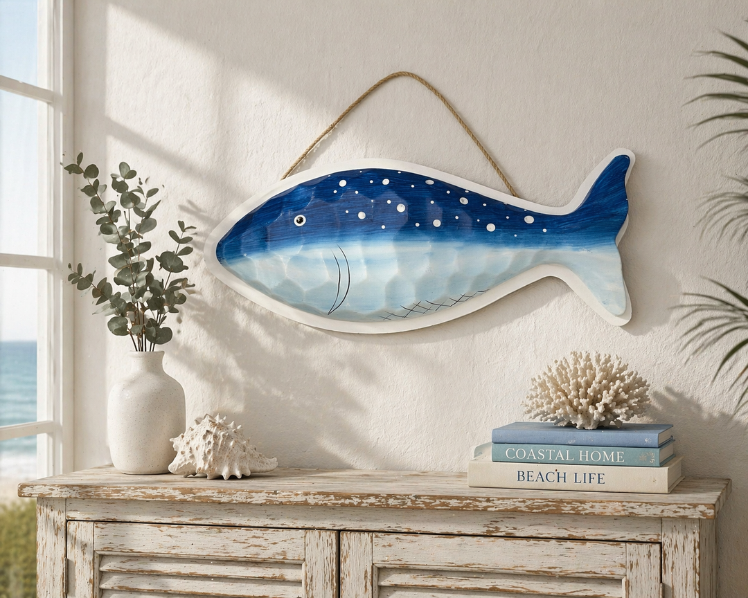 Handcrafted wooden fish wall decor in ocean tones for coastal ambiance