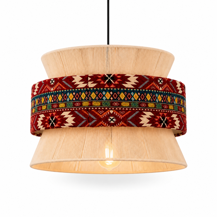 Bohemian Red Pattern Fabric Drum Pendant Light