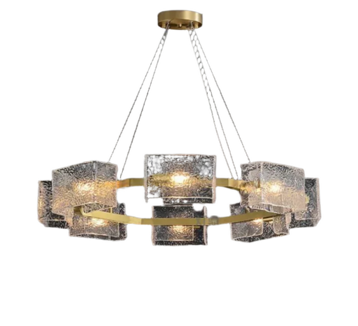 Modern Glass and Gold Chandelier with Textured Cubes