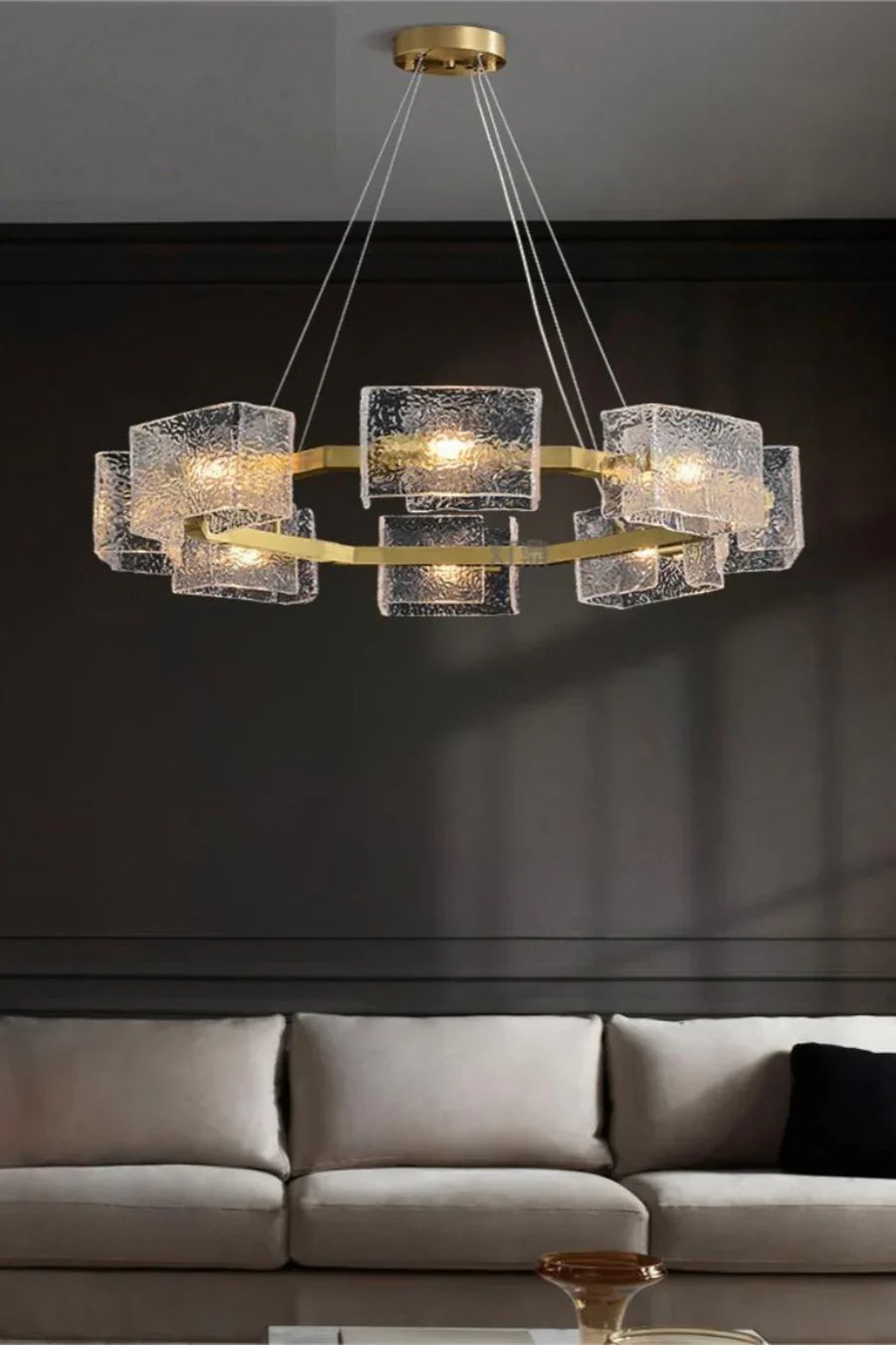 Modern Glass and Gold Chandelier with Textured Cubes