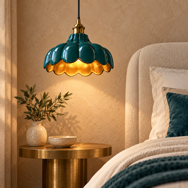 Teal Scalloped Pendant Light with Gold Interior