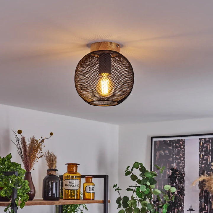 Rustic Mesh Metal and Wood Ceiling Light