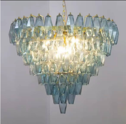 Blue Glass Crystal Chandelier with Gold Finish