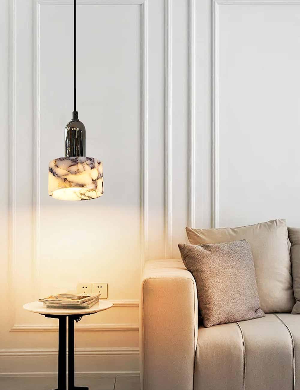 White Marble Cylinder Pendant Light with Black Socket